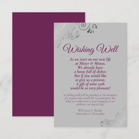 Magenta en Silver Gray Wedding Well Poem Informatiekaartje (Voorkant / Achterkant)