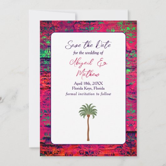 Magenta en Tropische palmboom India Weddenschap Save The Date (Voorkant)