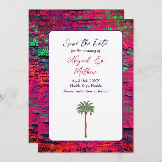 Magenta en Tropische palmboom India Weddenschap Save The Date (Voorkant / Achterkant)