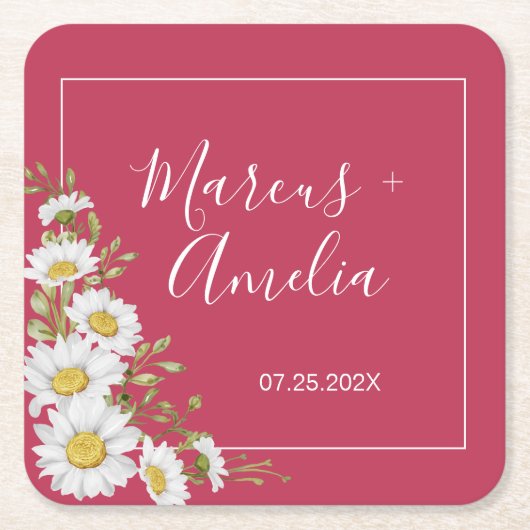 Magenta en White Daisies Wedding Kartonnen Onderzetters (Voorkant)