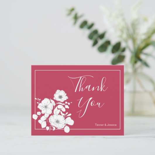 Magenta en White Floral Wedding Bedankt Briefkaart (Staand voorkant)