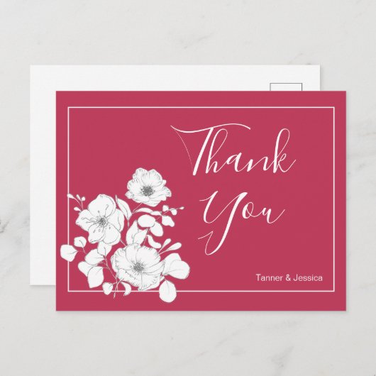 Magenta en White Floral Wedding Bedankt Briefkaart (Voorkant / Achterkant)