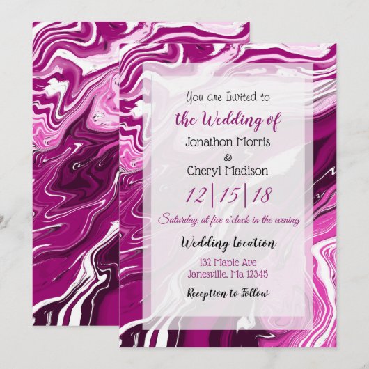 Magenta en White Fluid Art Wedding Kaart (Voorkant / Achterkant)