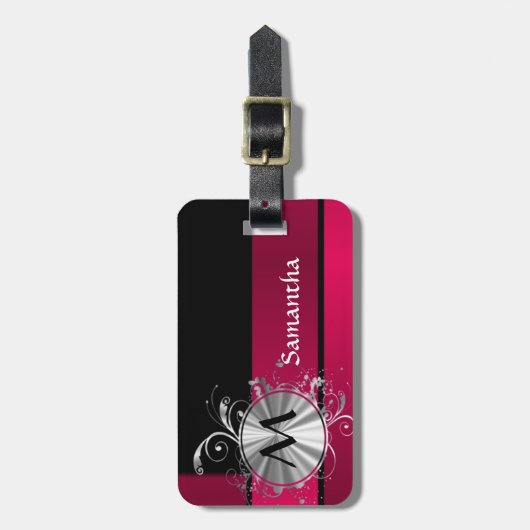 Magenta- en zilvermonogram bagagelabel (Voorkant verticaal)