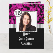 Magenta en zwart damast zoet zestien kaart (Gele Bloem)