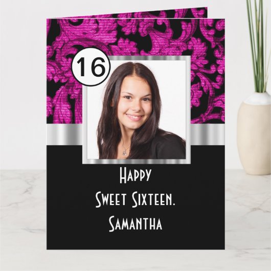 Magenta en zwart damast zoet zestien kaart (Voorkant)