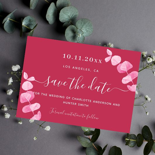 Magenta eucalyptusbruiloft, behalve de datum save the date