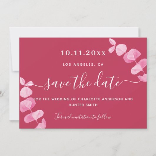 Magenta eucalyptusbruiloft, behalve de datum save the date (Voorkant)