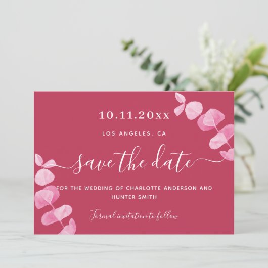 Magenta eucalyptusbruiloft, behalve de datum save the date (Staand voorkant)