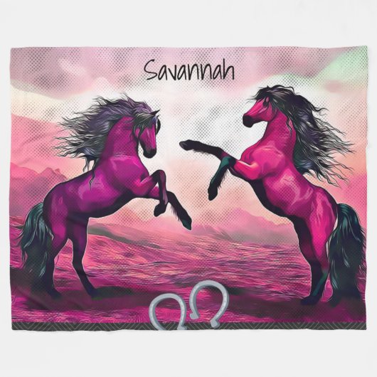 Magenta Fantasy Horses in Cartoon Dot Fleece Deken (Voorkant (Horizontaal))