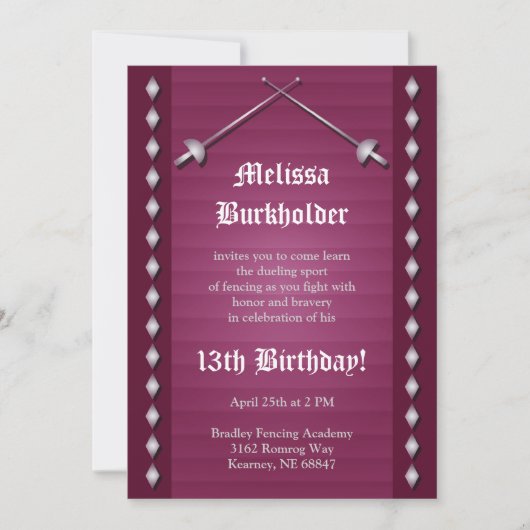 Magenta Fencing Birthday Party Invitation Kaart (Voorkant)