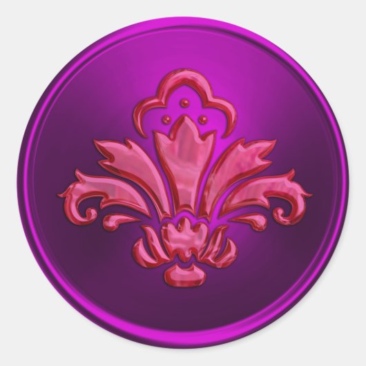 Magenta Fleur de Lis Envelope Seal Embossed Kijk Ronde Sticker (Voorkant)