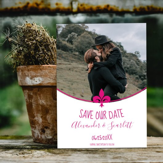 Magenta Fleur de Lis Foto Save The Date Aankondiging