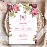 Magenta Floral 90th Birthday Invitation Kaart<br><div class="desc">Birthday-uitnodiging met rozen voor  waterverf,  anemonen en clematis. In magenta-tinten,  pruimen,  paars en crèmes. Klaar voor eenvoudige personalisatie.</div>