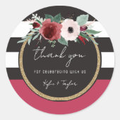 Magenta Floral Black Stripe Couples Names Wedding Ronde Sticker (Voorkant)