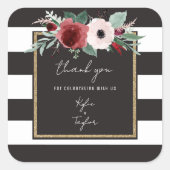 Magenta Floral Black Stripe Couples Names Wedding Vierkante Sticker (Voorkant)