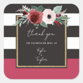 Magenta Floral Black Stripe Couples Names Wedding Vierkante Sticker (Voorkant)