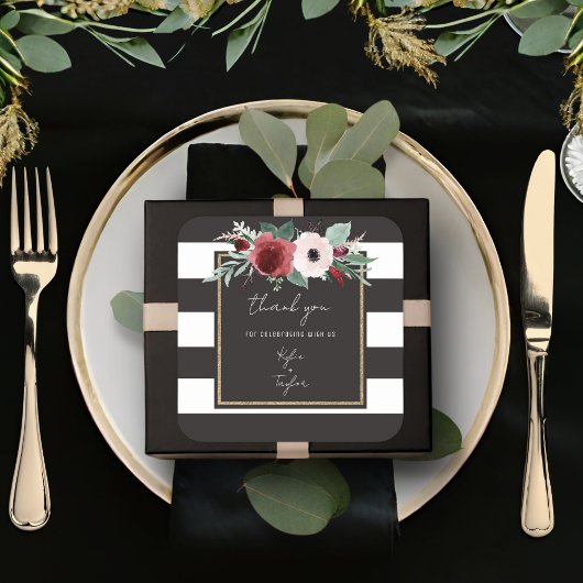 Magenta Floral Black Stripe Couples Names Wedding Vierkante Sticker