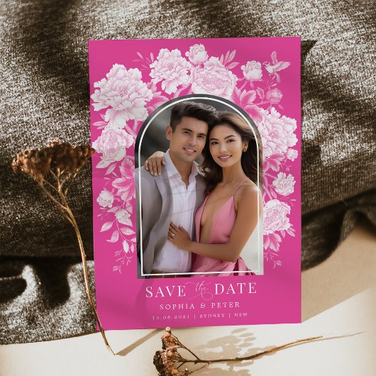 Magenta Floral Chinoiserie Bruiloft Save the Date Kaart