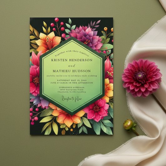 Magenta Floral Dusk Wedding Kaart