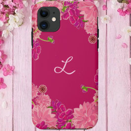 Magenta floral initiaal iPhone 15 case