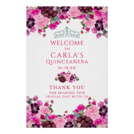 Magenta Floral Quinceanera Welkomstteken Perfect Poster