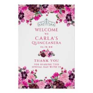Magenta Floral Quinceanera Welkomstteken Perfect Poster