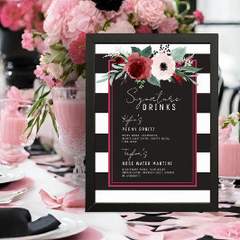 Magenta Floral Stripes Signature Drink Wedding Poster