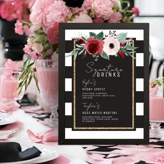 Magenta Floral Stripes Signature Drink Wedding Poster