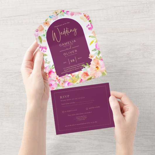 Magenta Floral Wedding All In One Uitnodiging (Afscheurbaar)