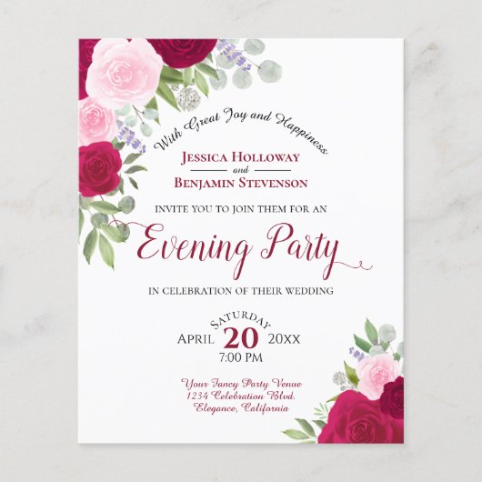 Magenta Floral Wedding Evening Party Budget Uitnod (Voorkant)