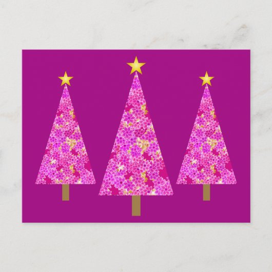 Magenta florale moderne kerstbomen feestdagenkaart (Voorkant)