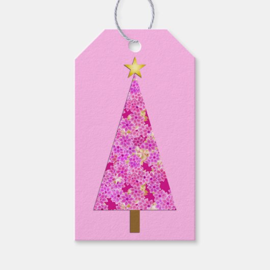 Magenta florale moderne kerstboom cadeaulabel (Voorkant)