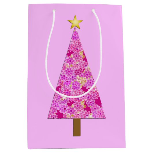 Magenta florale moderne kerstboom medium cadeauzakje (Voorkant)