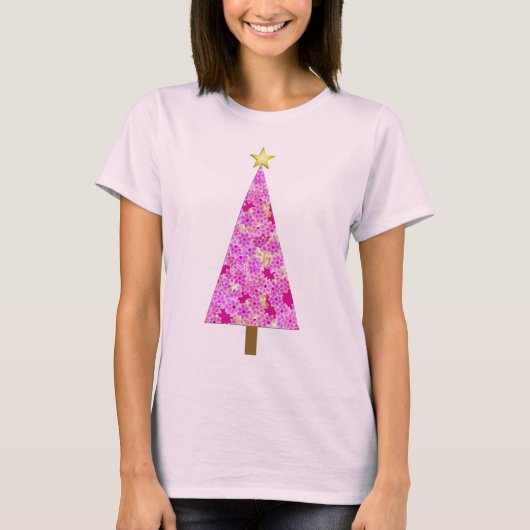 Magenta florale moderne kerstboom t-shirt (Voorkant)
