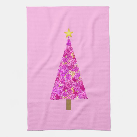Magenta florale moderne kerstboom theedoek (Verticaal)