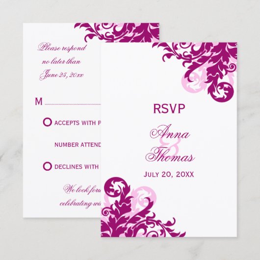 Magenta Flourish Huwelijksreactiekaarten RSVP Kaartje (Voorkant / Achterkant)