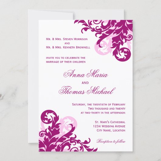 Magenta Flourish Wedding Kaart (Voorkant)
