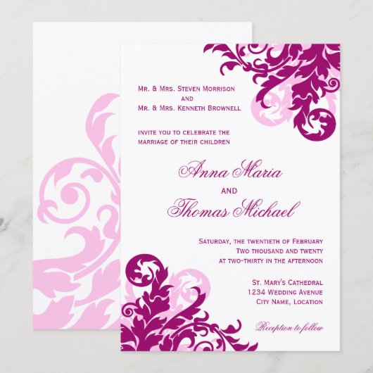 Magenta Flourish Wedding Kaart (Voorkant / Achterkant)