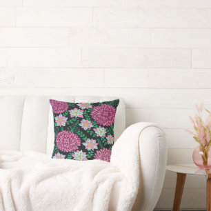 Magenta Flowers op zwart Kussen