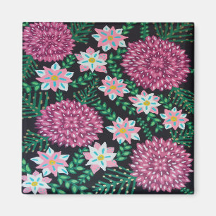 Magenta Flowers op zwart Magneet