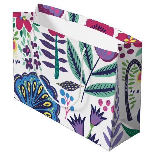 Magenta Folk Art Floral Pattern Groot Cadeauzakje (Achterkant Gekanteld)