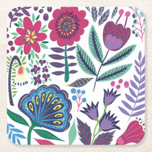 Magenta Folk Art Floral Pattern Kartonnen Onderzetters