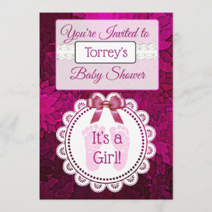 Magenta Footprint Girl's Baby shower Invitation Kaart