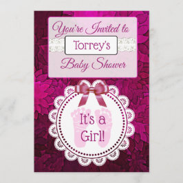 Magenta Footprints Girl's Baby shower Invitation Kaart