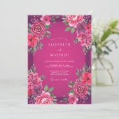 Magenta Fuchsia Pioen Huwelijk Kaart (Staand voorkant)