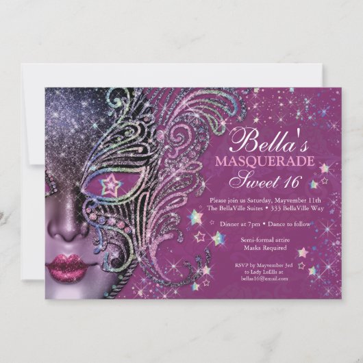 Magenta Galaxy Masquerade Sweet 16 uitnodiging (Voorkant)