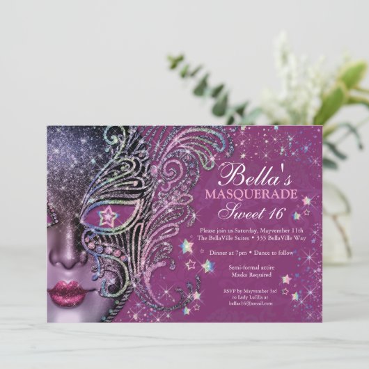 Magenta Galaxy Masquerade Sweet 16 uitnodiging (Staand voorkant)