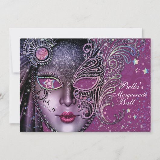 Magenta Galaxy Masquerade Sweet 16 uitnodiging (Achterkant)