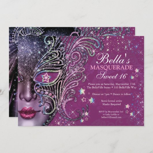 Magenta Galaxy Masquerade Sweet 16 uitnodiging (Voorkant / Achterkant)
